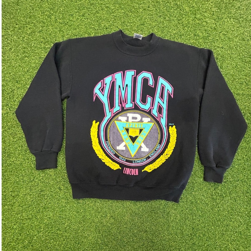 Vintage Jerzees YMCA Lincoln Sweatshirt Black Neon 90s Crewneck Made in USA Med